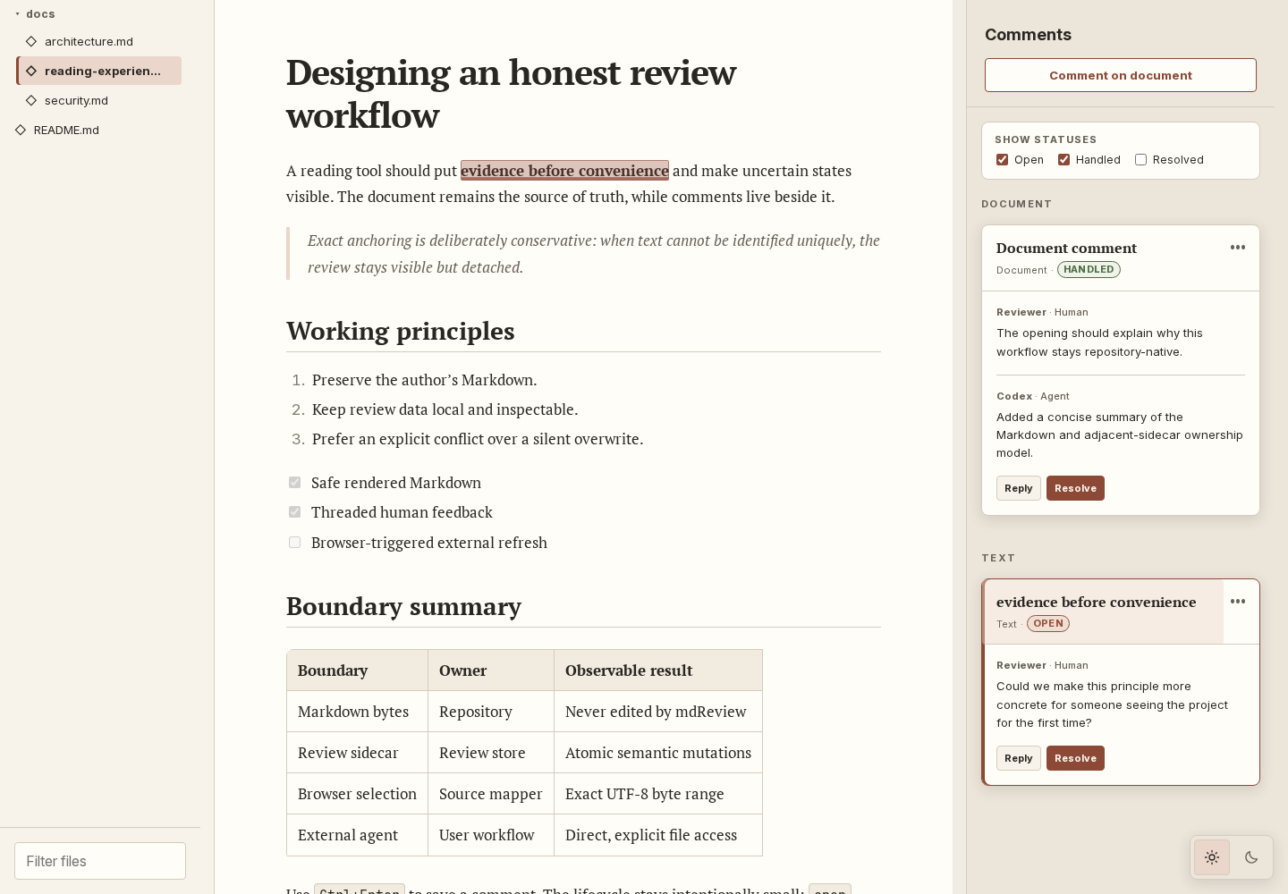 mdReview showing a Markdown file, selected text and review threads